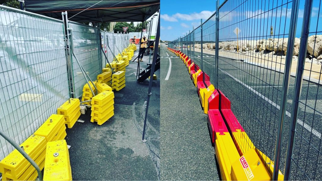 Gallery: Temporary fencing with yellow and red barriers. Metal grid fences line a road. Left: construction site. Right: open road with barriers.